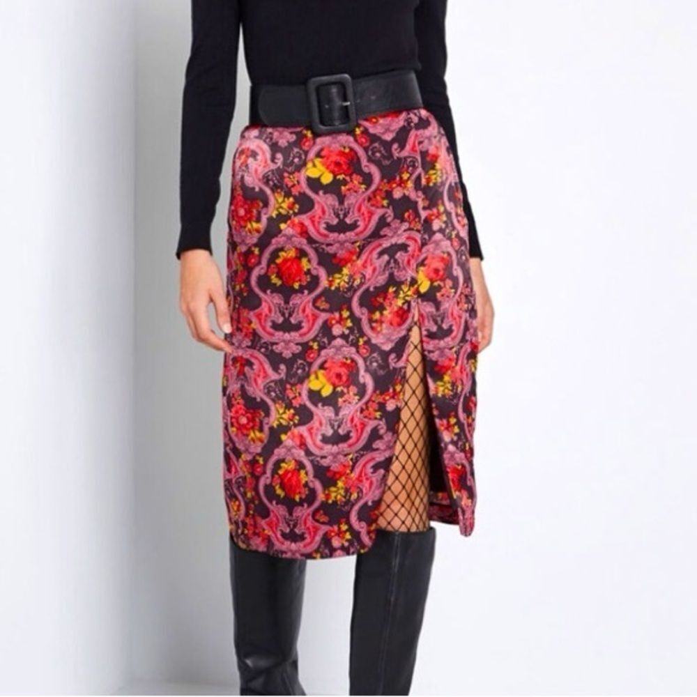 BNWT Modcloth Got My Attention Pink Floral Baroque Print Satin Midi Skirt Sz L